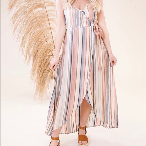 EN CRÈME | Striped High Low Wrap Style Tie Front Maxi Dress NEW Women’s Size L - Picture 1 of 12
